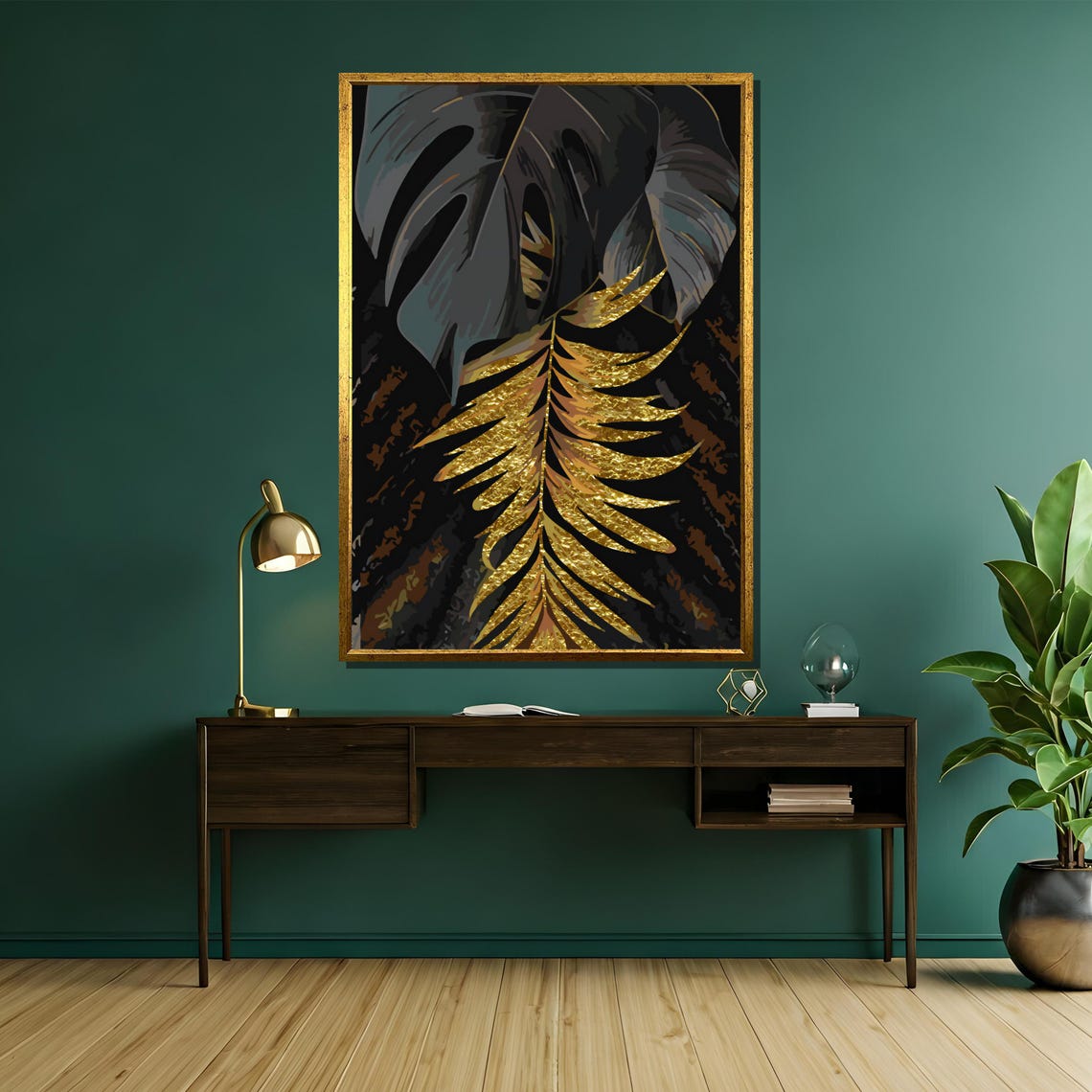 Gold Feather Leaf With Dark Tropical Leaves Black Background Poster - Image 5