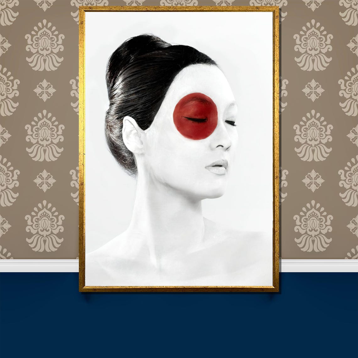 Minimalist Black And White Portrait Red Circle Eye Closed Poster