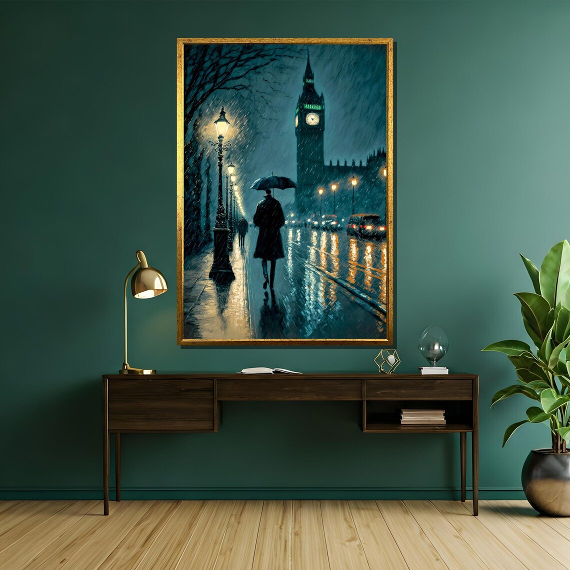 Rainy Night London Big Ben Glowing Clock Moody Travel Poster - Image 5