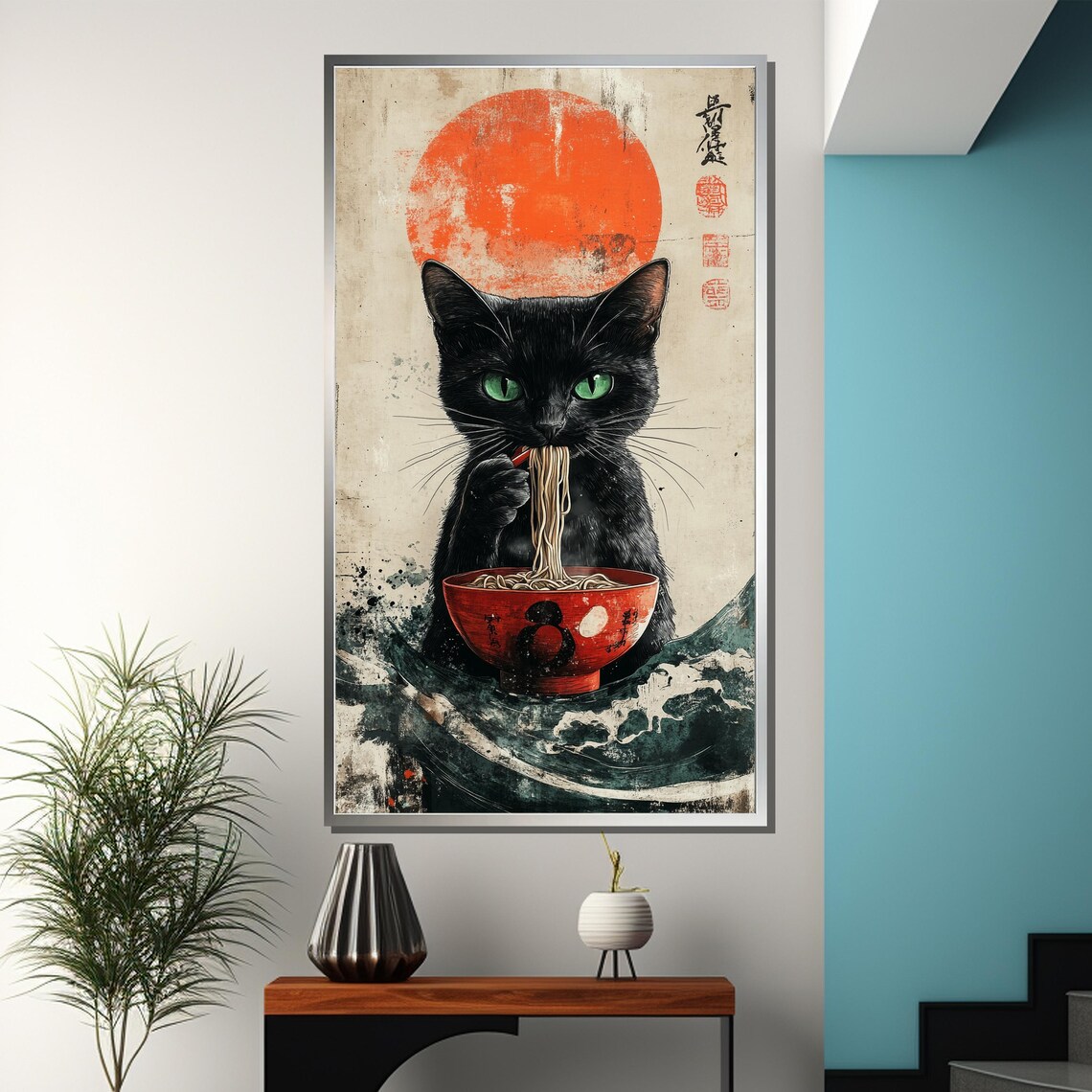 Japanese Black Cat Eating Ramen Red Sun Funny Playful Art Poster - Image 3