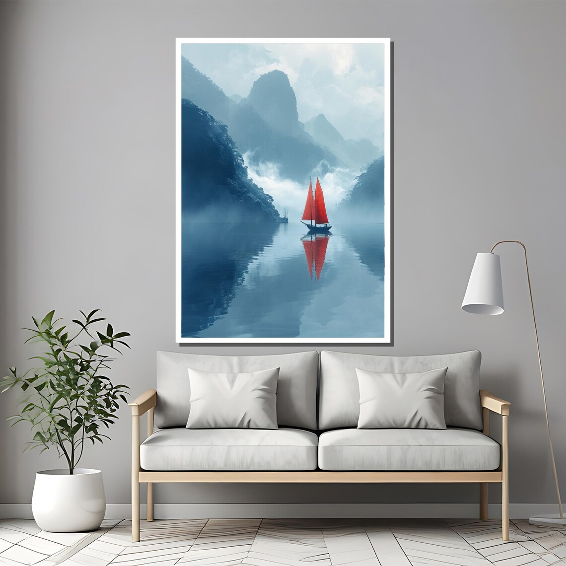 Red Sailed Boat on Misty Asian Mountain Lake Serene Painting Poster - Image 2