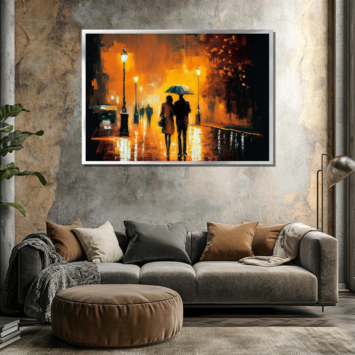 Rainy Night Romance Couple Under Umbrella Warm Golden Art Poster - Image 3