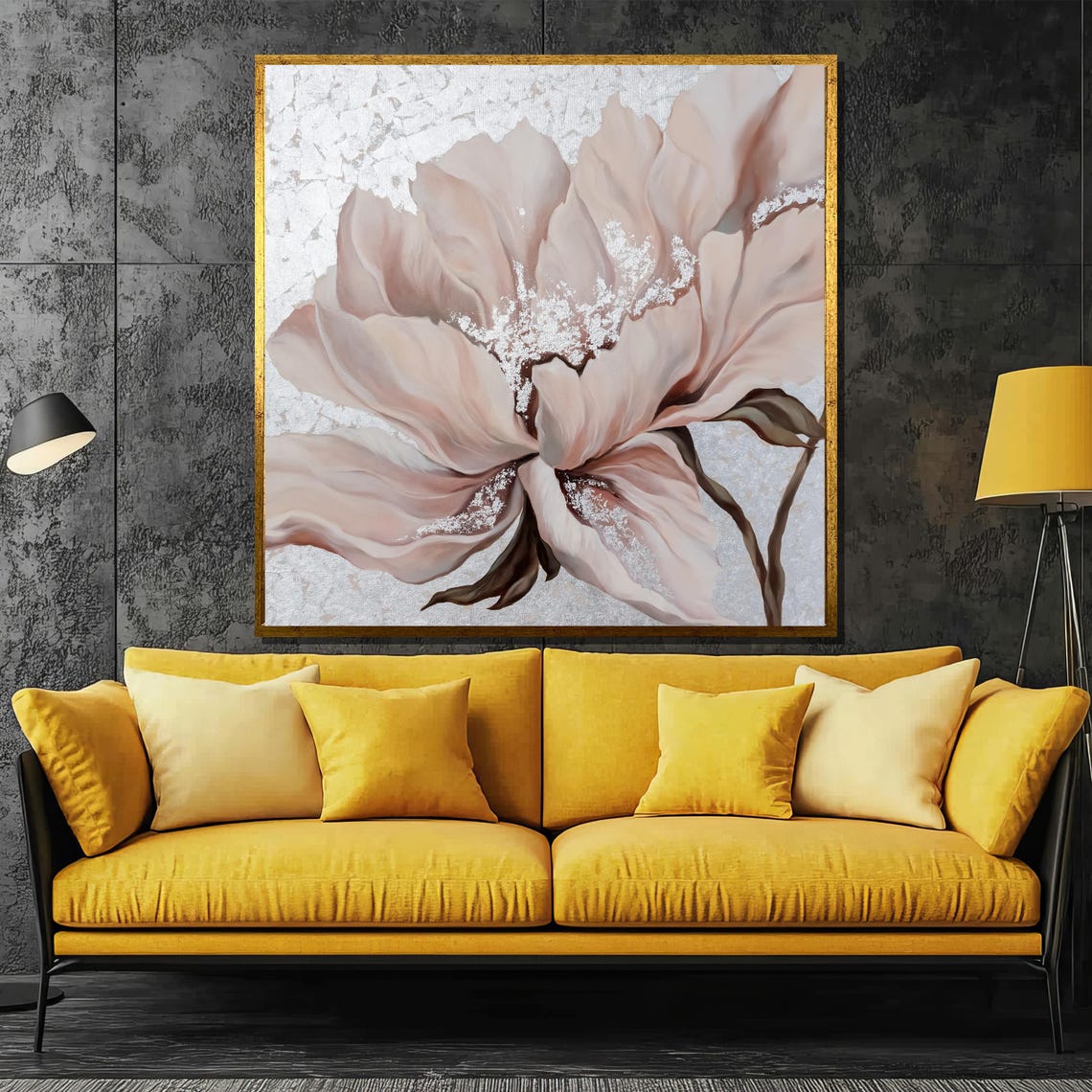 Large Beige Bloom with Shimmering Silver Leaf Accents Floral Poster