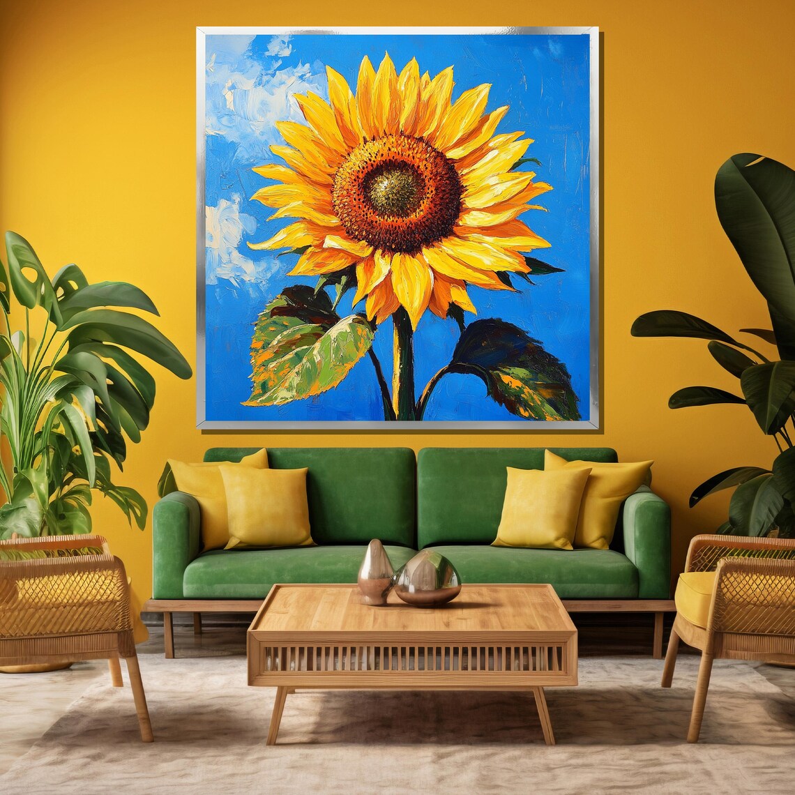 Bright Sunflower Against Blue Sky Cheerful Floral Painting Poster - Image 3