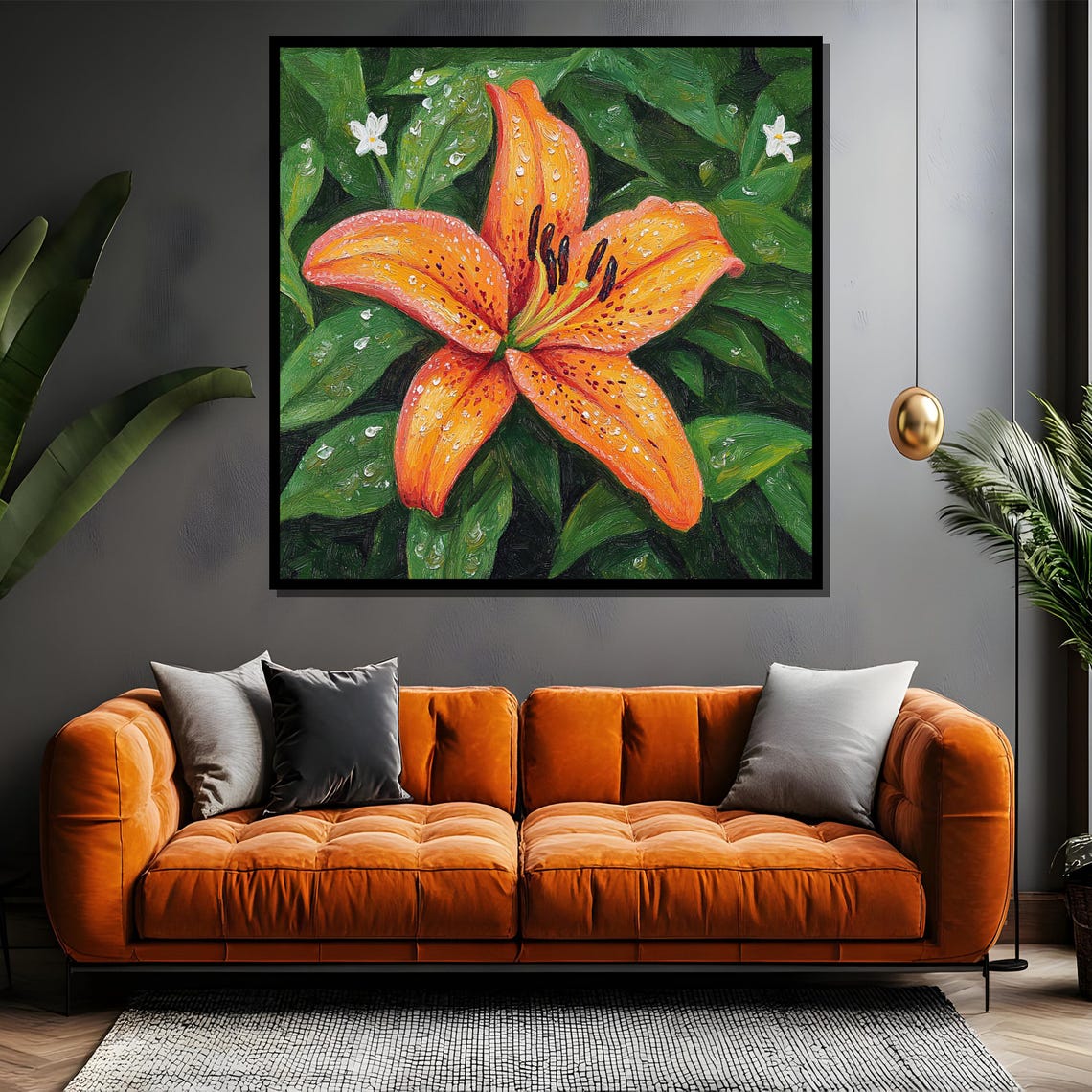 Orange Tiger Lily with Sparkling Dew Drops Among Green Leaves Poster - Image 4