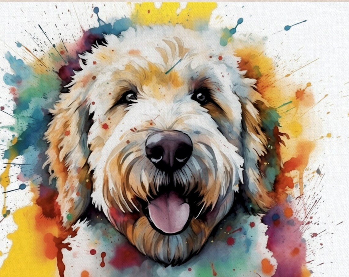 Cream Doodle Dog Watercolor Portrait Happy Puppy Splash Art Poster - Image 3