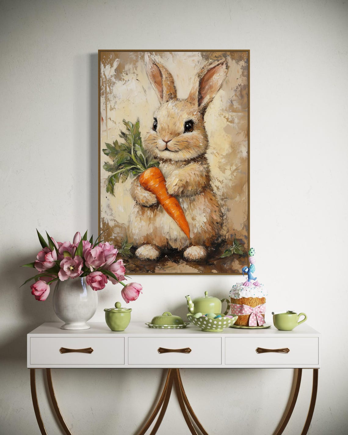 Adorable Bunny Holding a Carrot Oil Painting Rustic Style Poster - Image 2