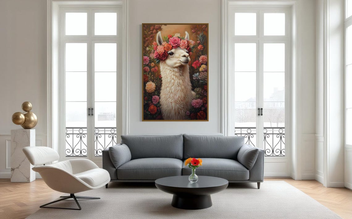 Smiling White Llama Wearing Floral Crown in Blooming Garden Poster - Image 2