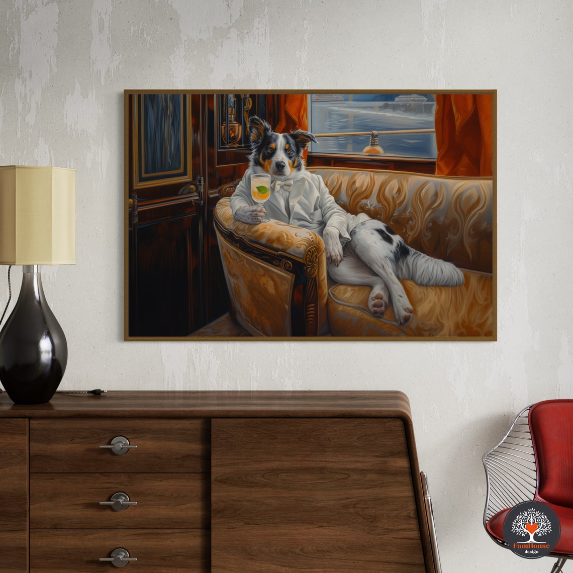 Australian Shepherd in White Tuxedo Lounging with Cocktail Poster - Image 3