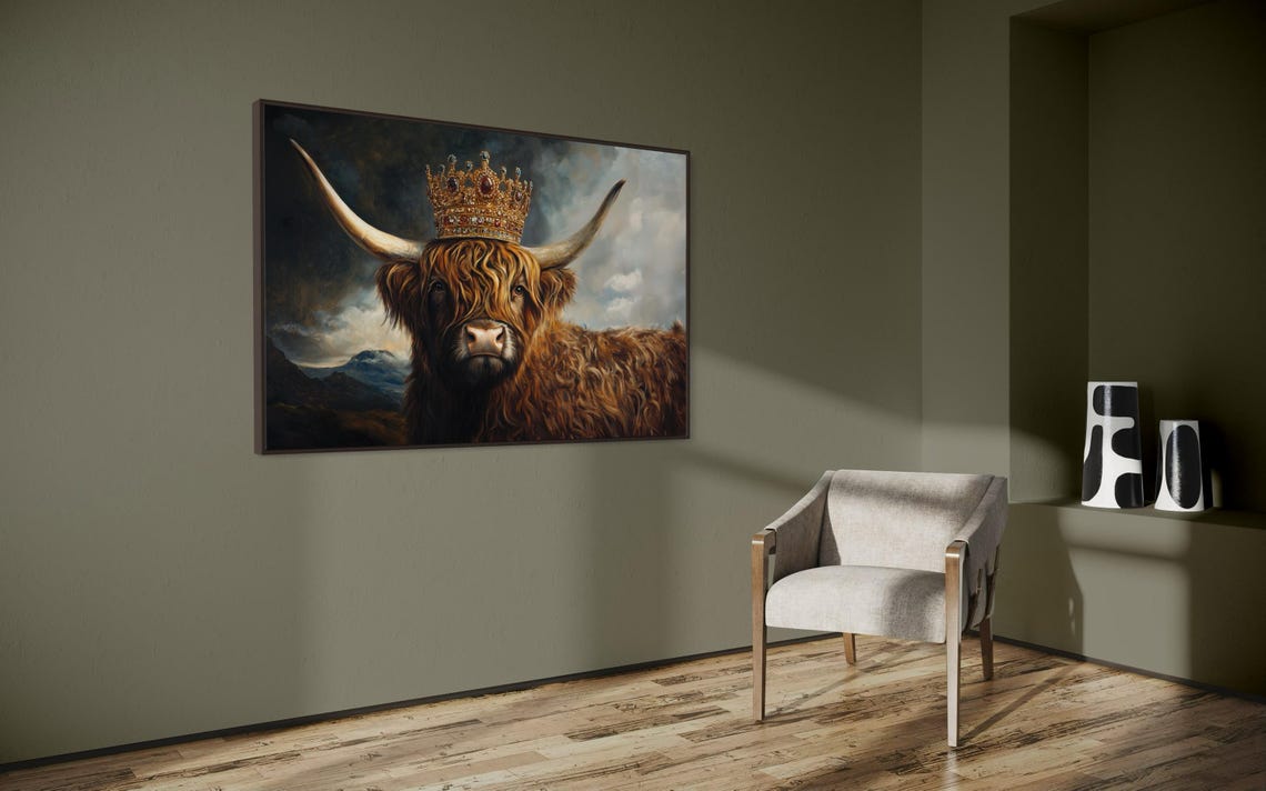 Highland Cow Wearing Jeweled Gold Crown Under Stormy Sky Poster - Image 4