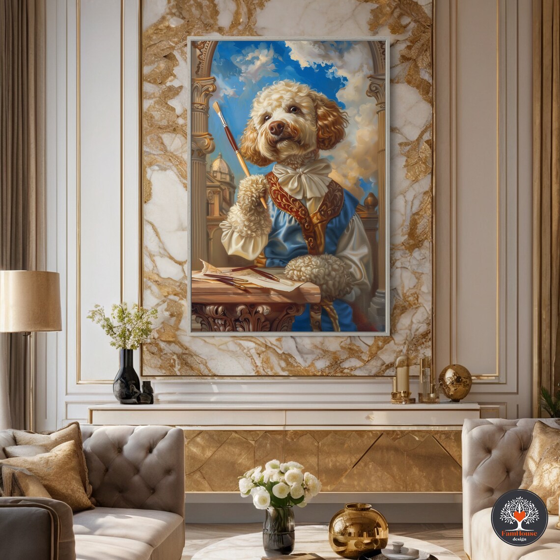 Curly Cream Dog Artist in Blue Baroque Coat Painting Studio Poster - Image 4