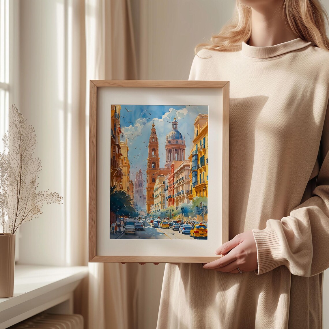 Valencia Spain Cathedral Busy Street Watercolor Painting Poster - Image 2