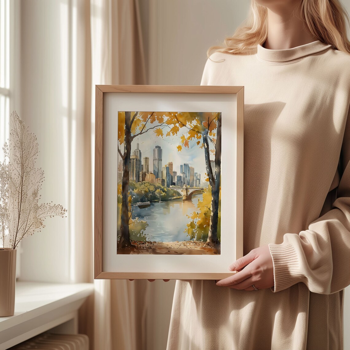 Brisbane Australia River Bridge Skyline Autumn Watercolor Poster - Image 2
