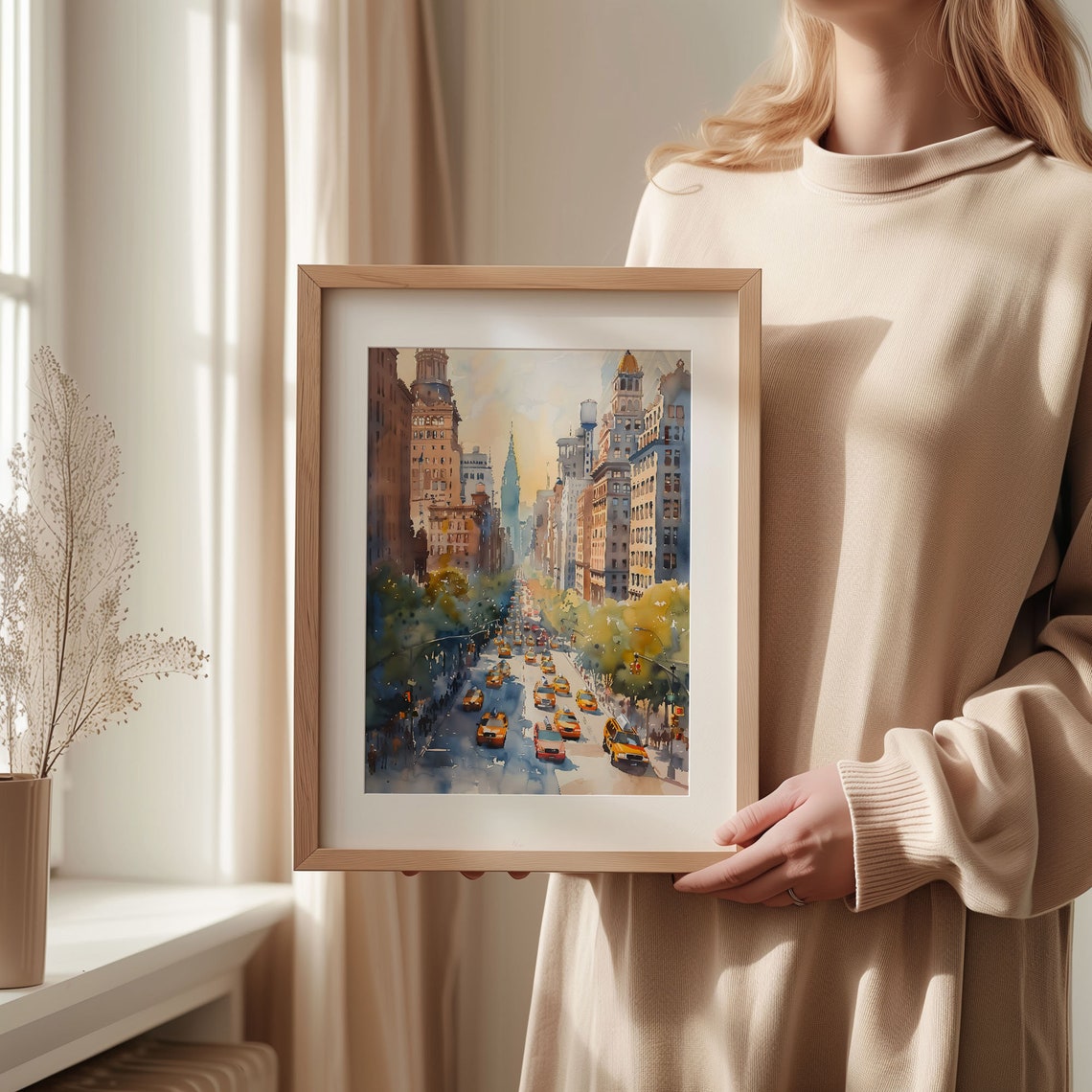 New York City Skyscraper Yellow Taxi Avenue Watercolor Poster - Image 2