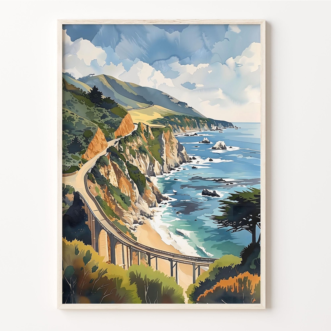 Big Sur Watercolor Travel Poster, California Decor