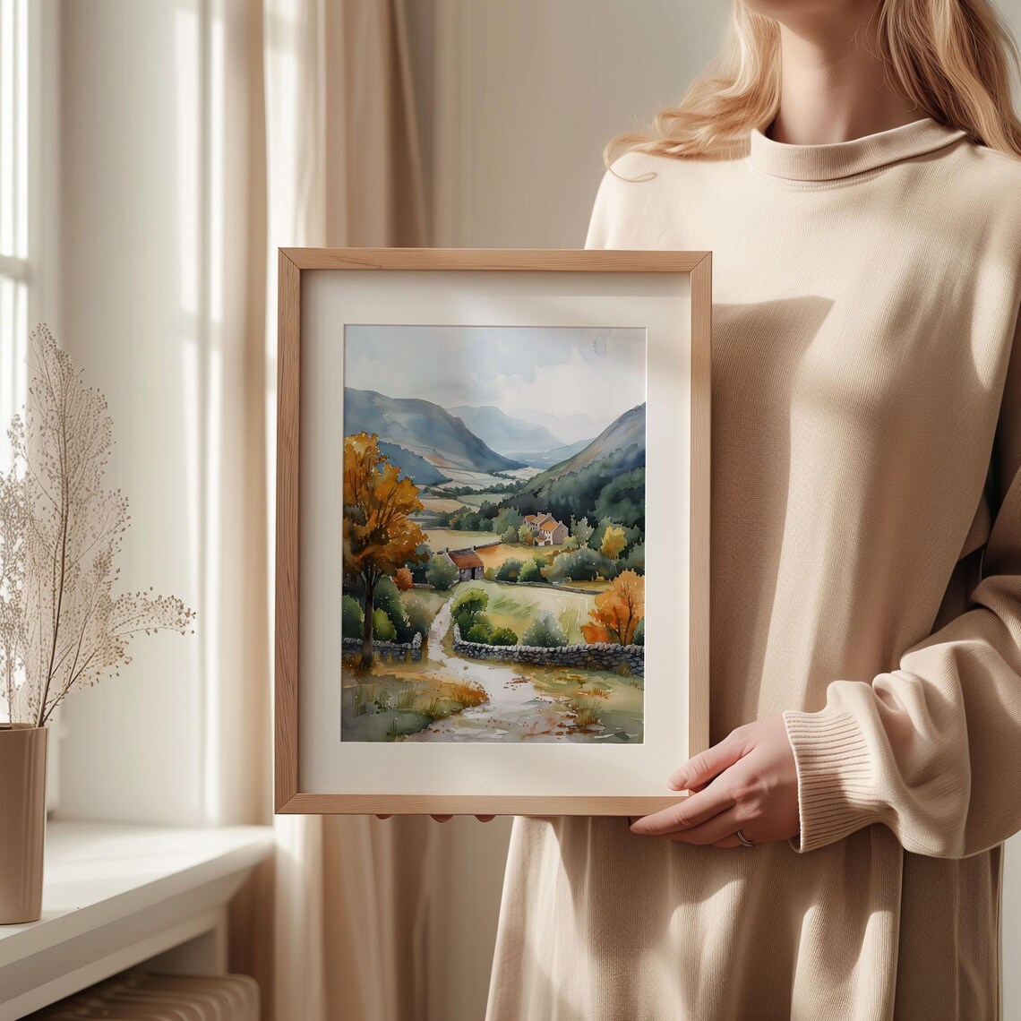 Yorkshire Dales England Autumn Valley Stone Walls Farmhouse Watercolor Poster - Image 2