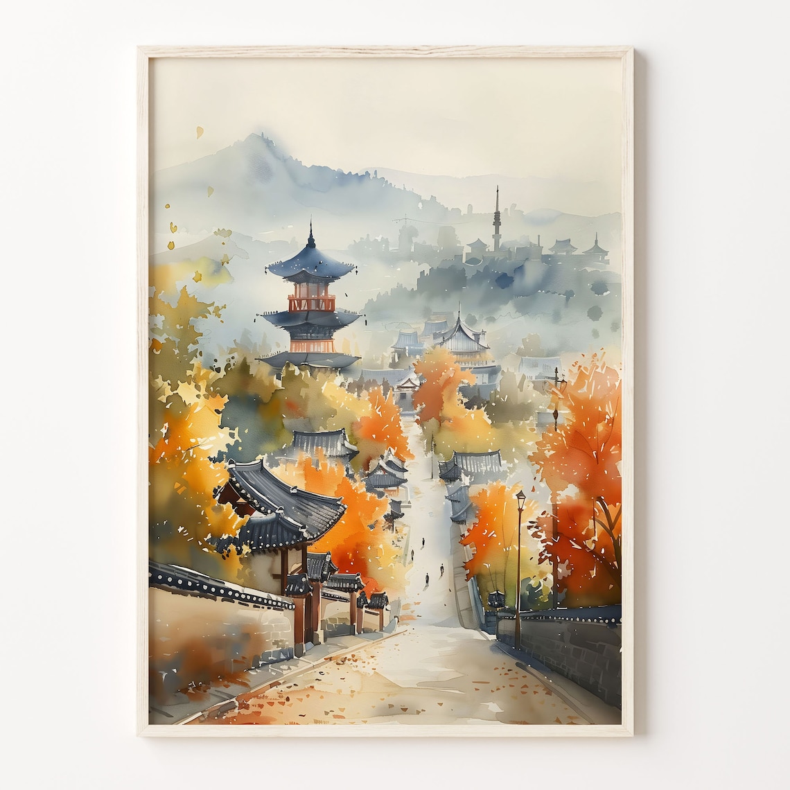 Watercolor Painting Retro Seoul Travel Poster, Korea