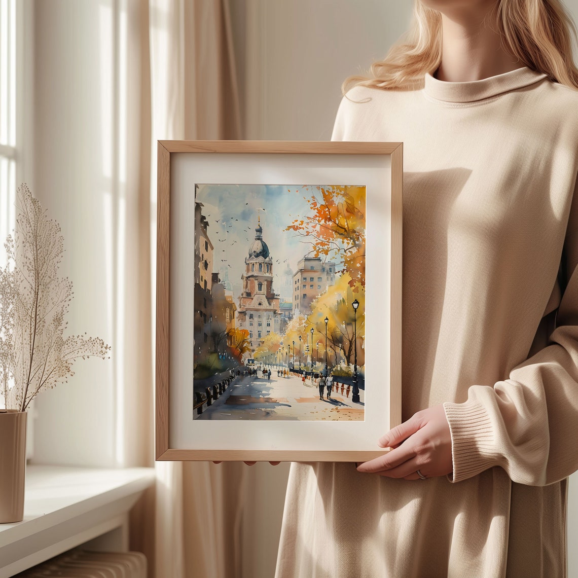 Santiago Chile Plaza Autumn Lamps Domed Building Watercolor Poster - Image 2