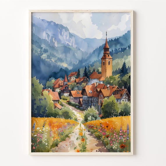 Transylvania Watercolor Painting, Romania Travel Poster