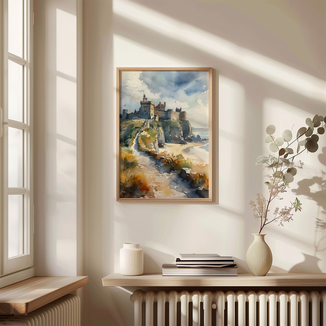 Bamburgh Castle Watercolor Poster Cliff Fortress Beach Golden Sand - Image 4