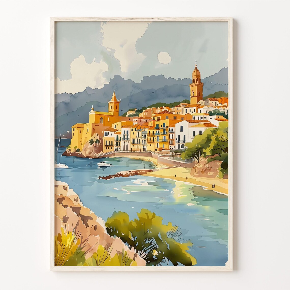 Mallorca Spain Coastal Town Church Towers Beach Watercolor Poster