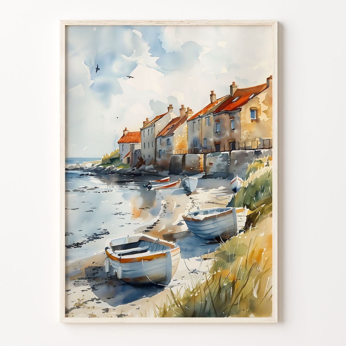 Beadnell Northumberland Fishing Village Boats Watercolor Poster