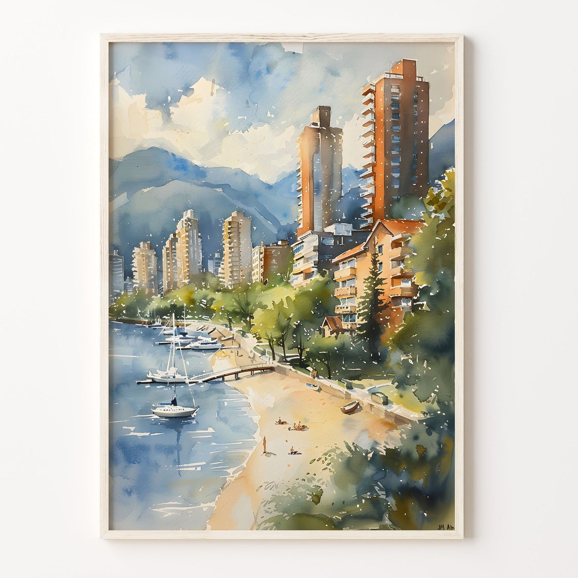 Vancouver Waterfront Marina Mountains Sailboats Watercolor Print