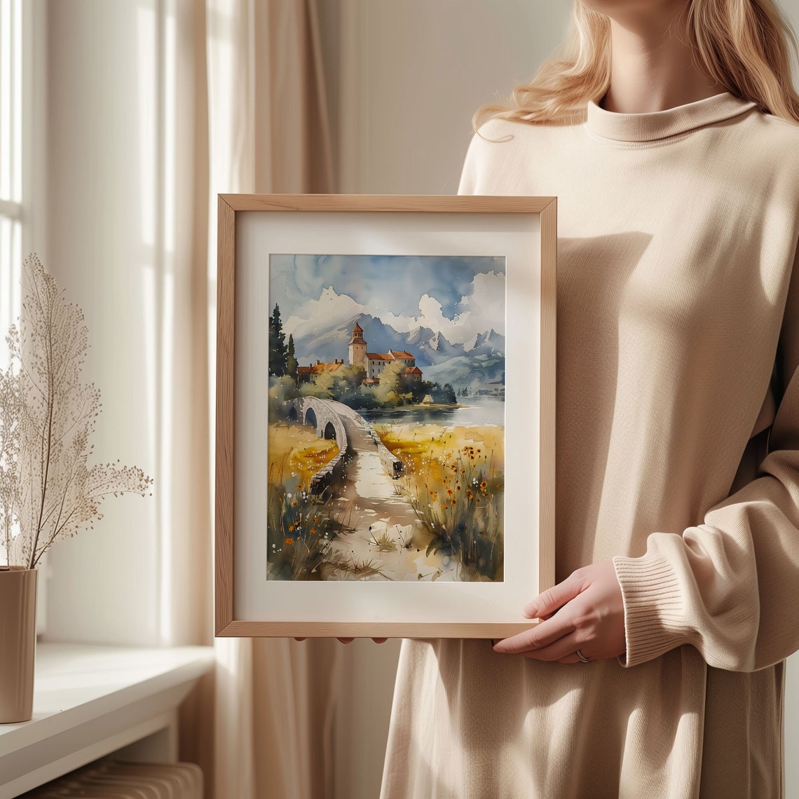 Scottish Highland Castle Stone Bridge River Watercolor Poster - Image 2