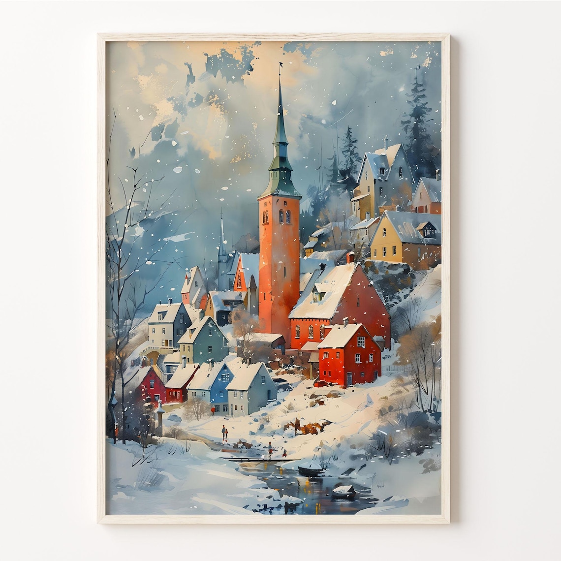 Reykjavik Iceland Snowy Town Church Spire Winter Watercolor Poster
