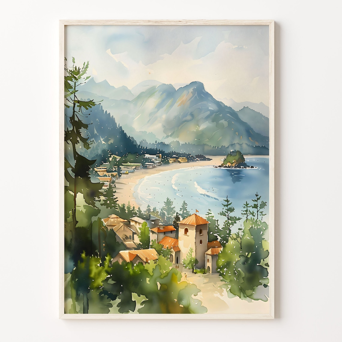 Tofino British Columbia Beach Town Mountains Watercolor Travel Poster