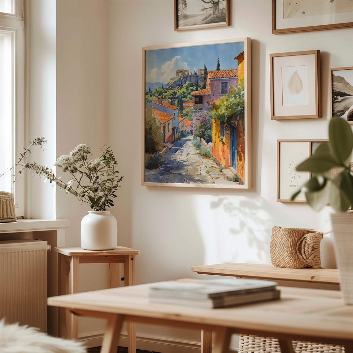 Athens Greece Plaka Lane Acropolis View Watercolor Travel Poster - Image 3