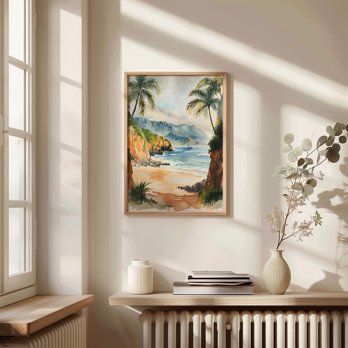 Maui Hawaii Golden Tropical Palm Beach Mountain Watercolor Poster - Image 4