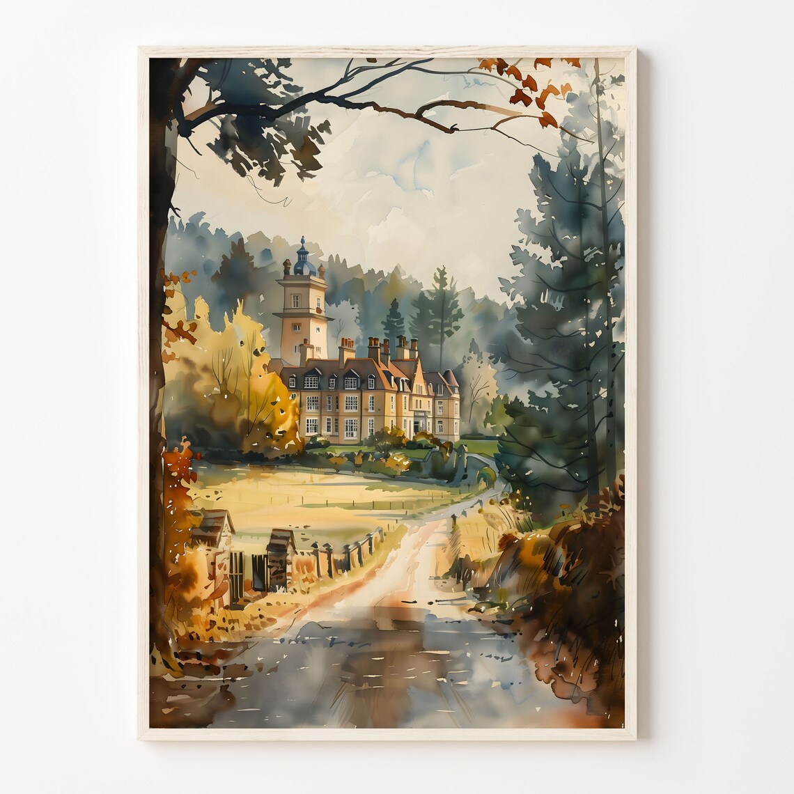 Goodwood English Country Estate Manor Autumn Watercolor Travel Poster