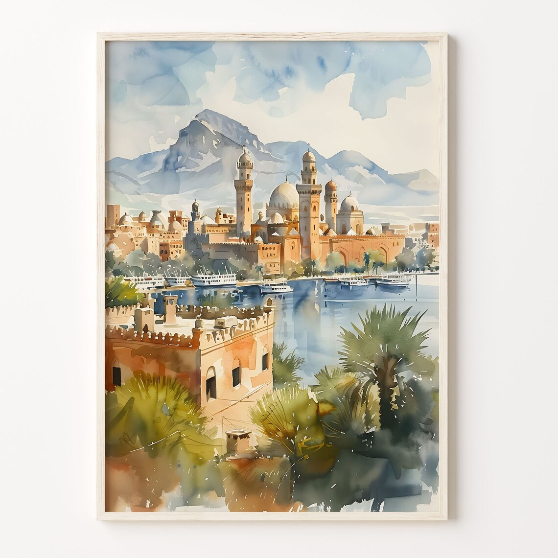 Cairo Egypt Watercolor Poster, Pyramids of Giza