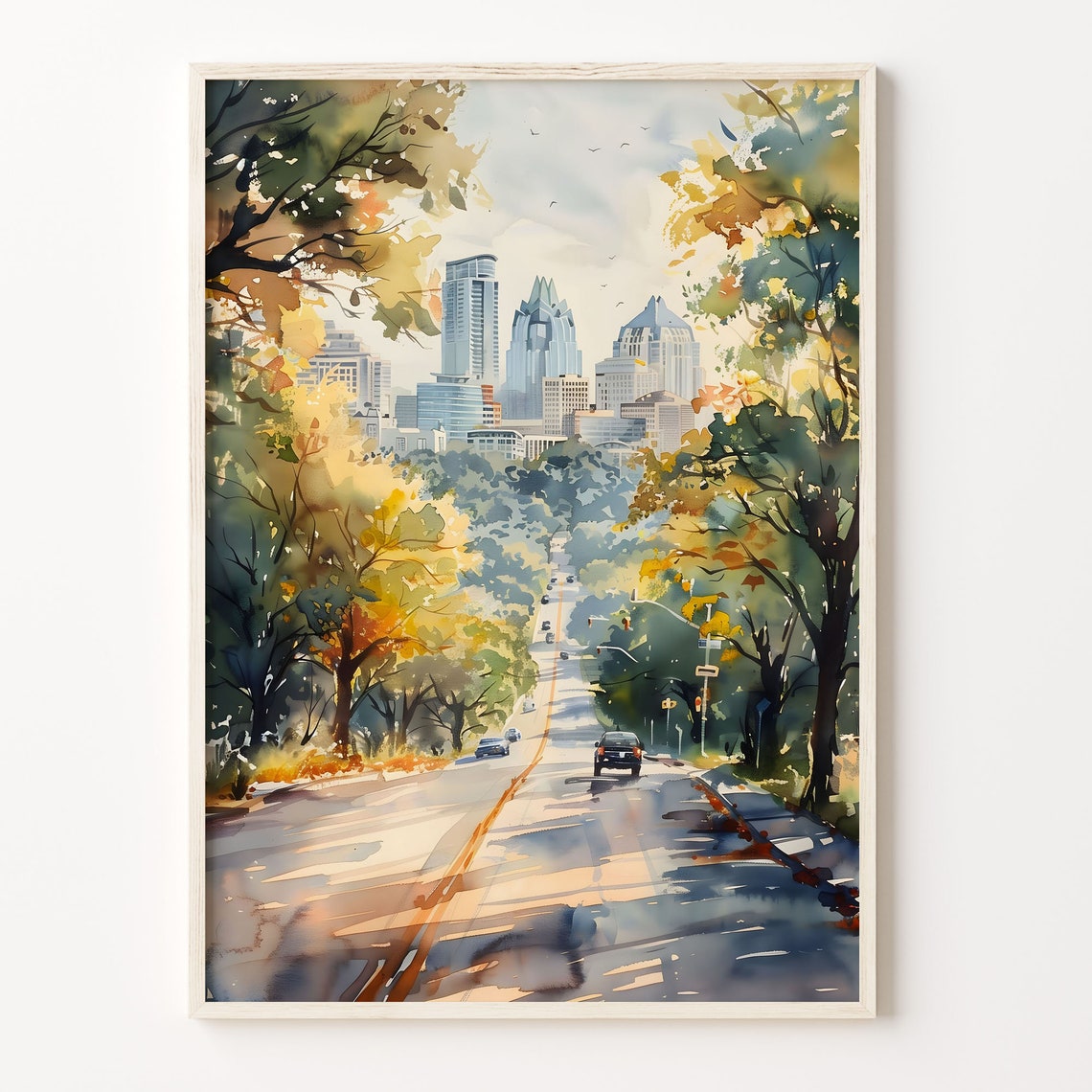 Austin Texas Skyline Watercolor Poster Tree Lined Downtown Road