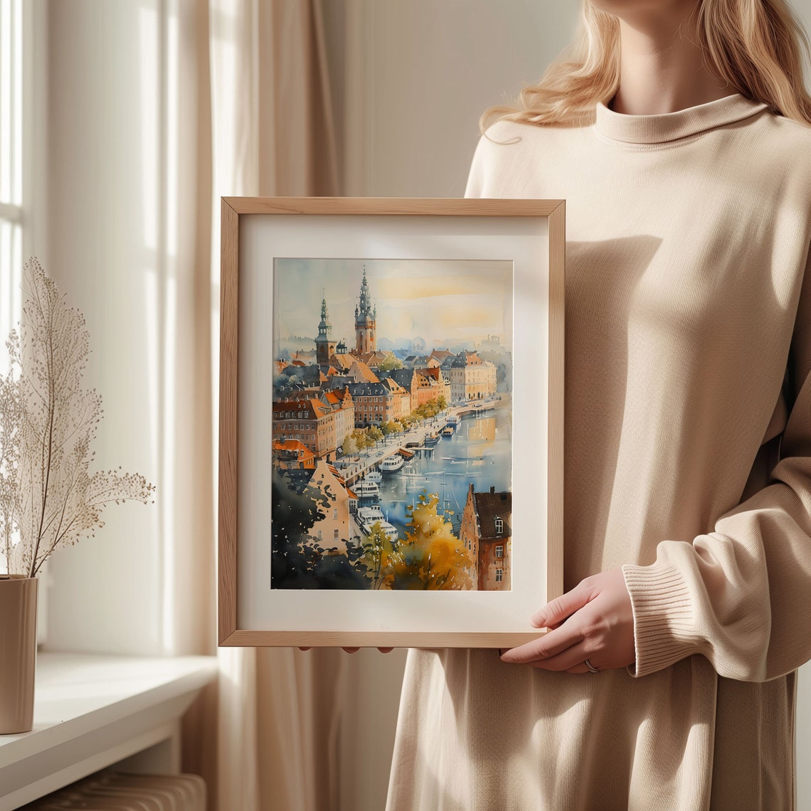 Copenhagen Harbor Watercolor Poster Ships Canal Colorful Rooftops - Image 2