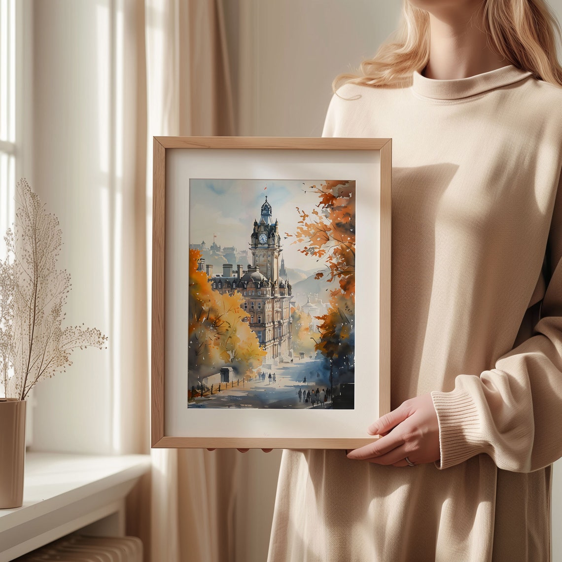 Edinburgh Scotland Castle Clock Tower Autumn Street Watercolor Poster - Image 2
