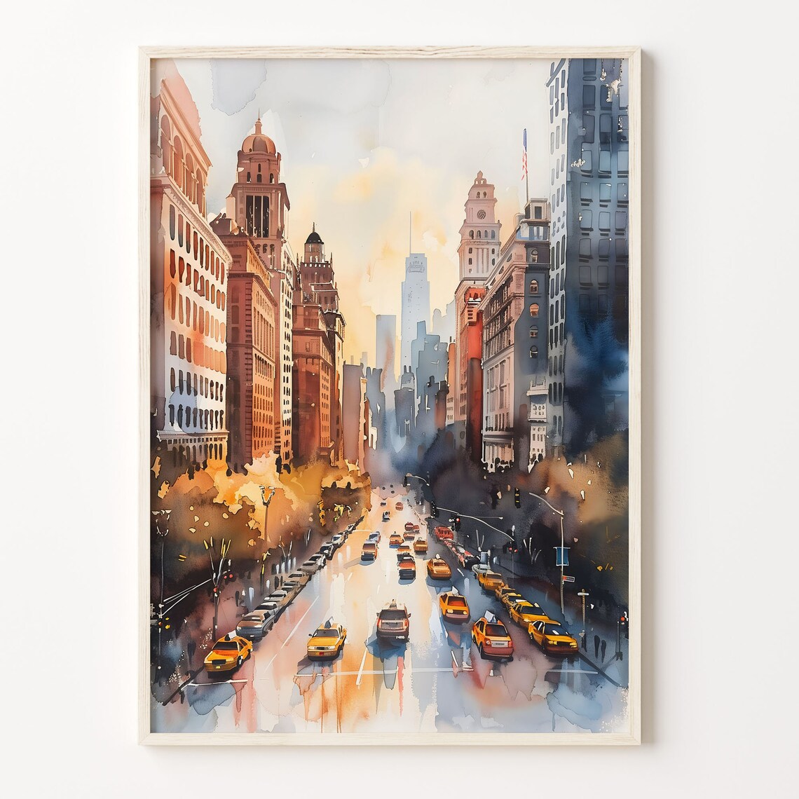 New York City Yellow Taxis Downtown Street Sunset Watercolor Print