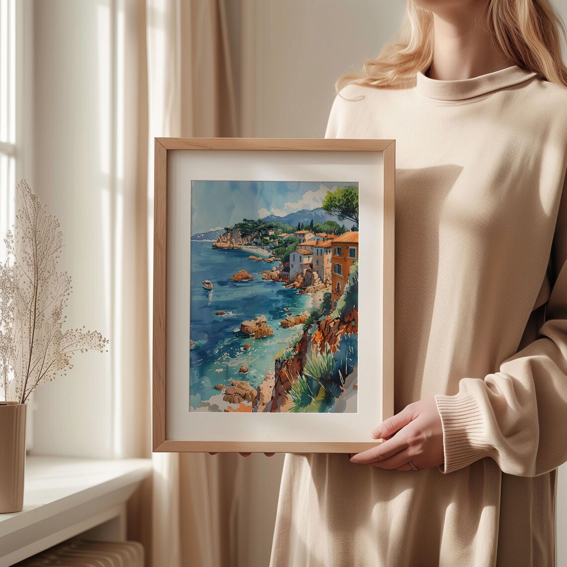 Cote dAzur French Riviera Coastal Cove Watercolor Painting Poster - Image 2