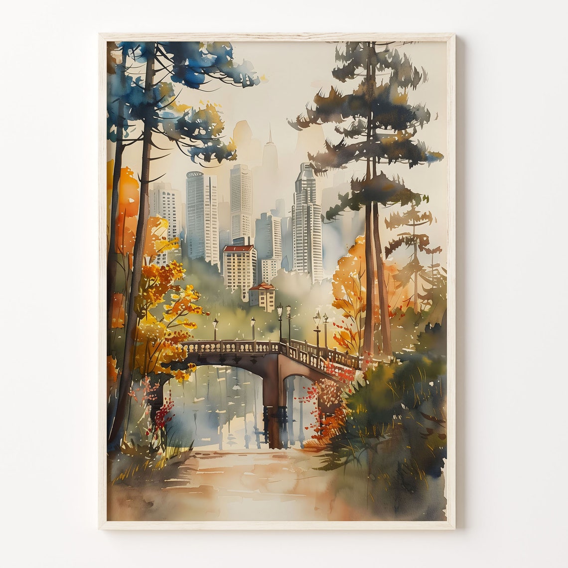 Singapore Park Bridge Skyline Autumn Trees Watercolor Travel Poster