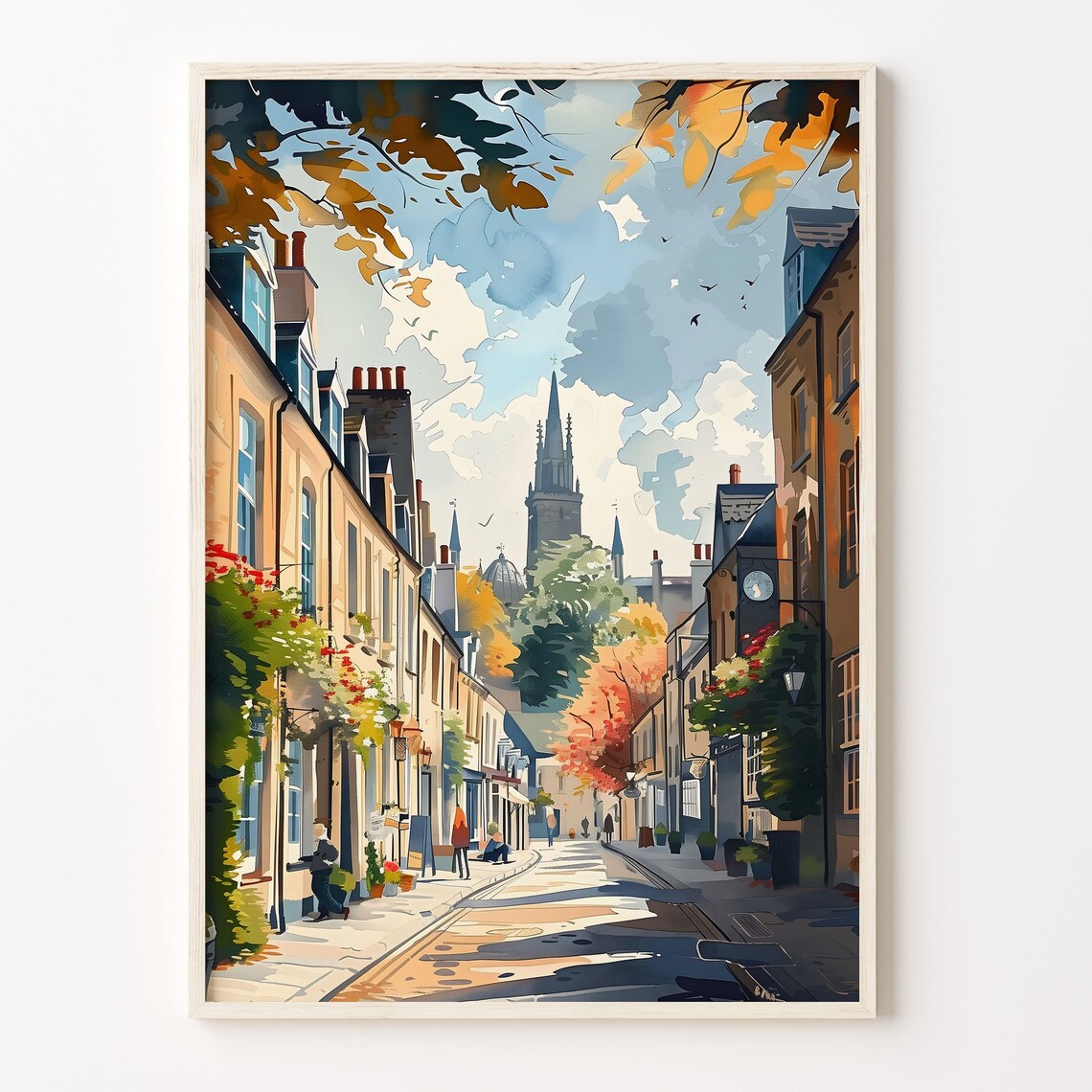 Cirencester Cotswold Street Watercolor Poster Church Spire Autumn