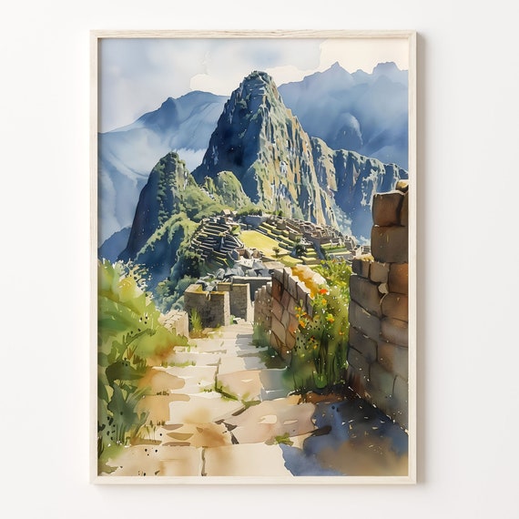 Machu Picchu Watercolor Painting Peru Poster Andes Mountains Wall Art Machu Picchu Print Peru Wall Decor C30 262