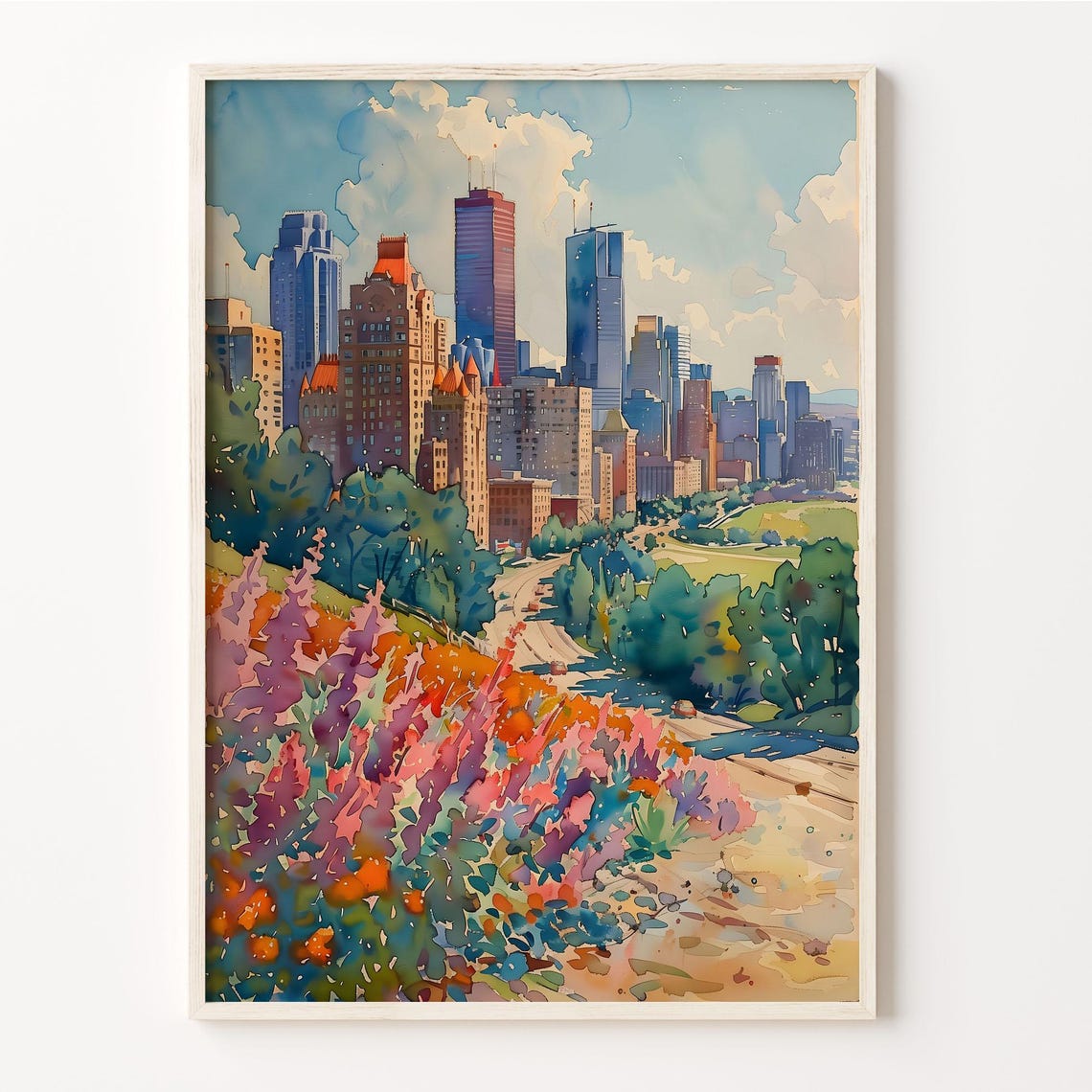 Calgary Canada City Skyline Wildflower Watercolor Painting Poster