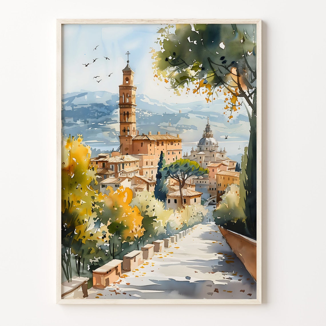 Rome Old Town Bell Tower Dome Golden Light Watercolor Poster