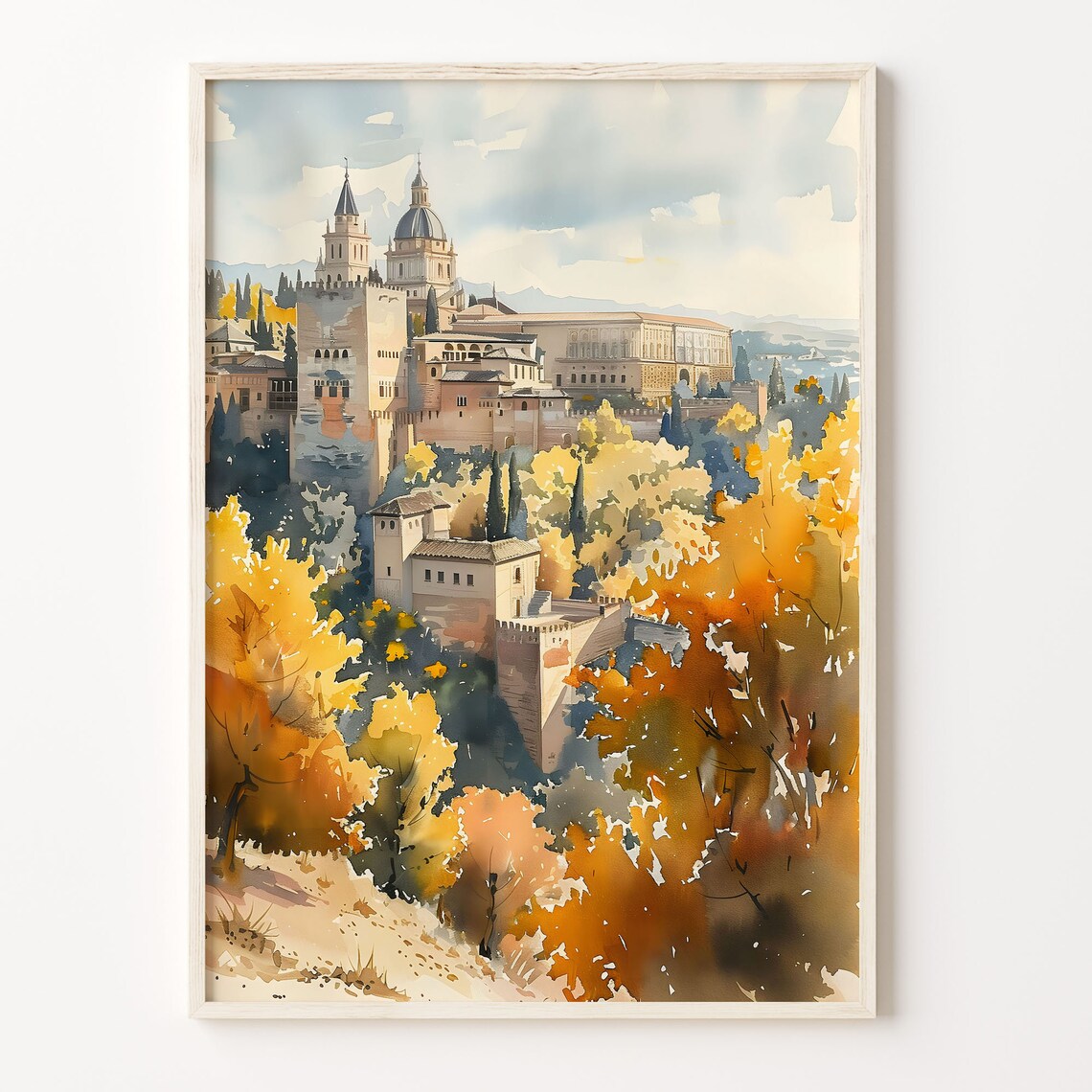 European Palace Autumn Foliage Historic Estate Watercolor Print