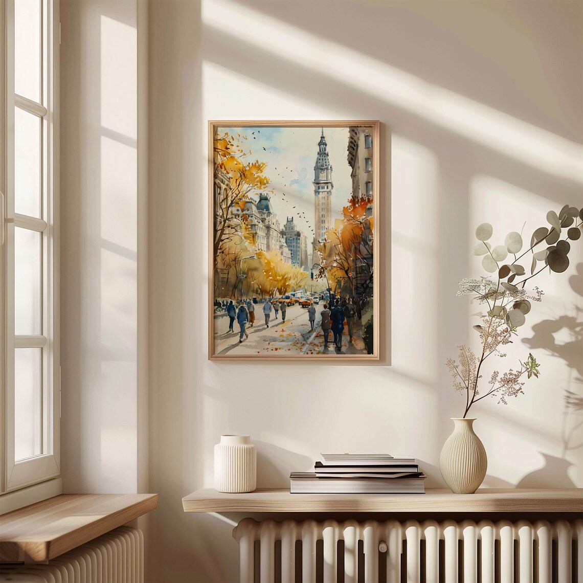 New York Autumn Watercolor Poster Busy Street Clock Tower Taxis - Image 4