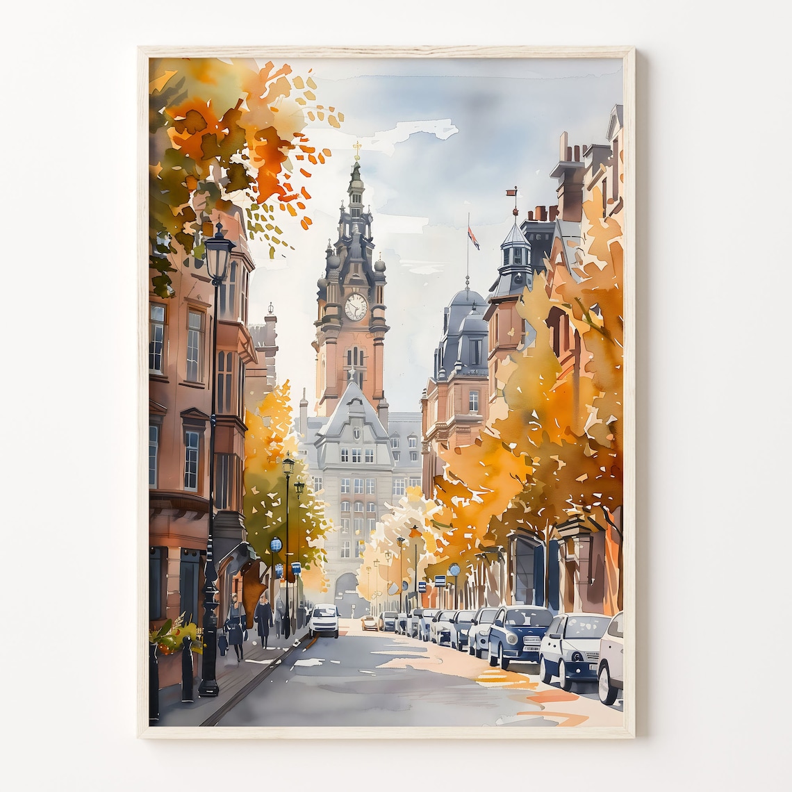 Autumn City European Street Historic Clock Tower Watercolor Poster