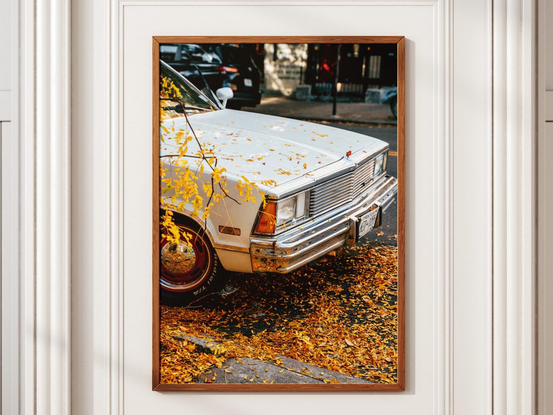 White Vintage Car Yellow Leaves Williamsburg Autumn Print Nyc Wall Art Fall Decor Photography