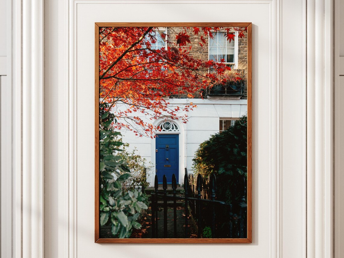 Charming London Blue Door Autumn Leaves Townhouse Photo Print