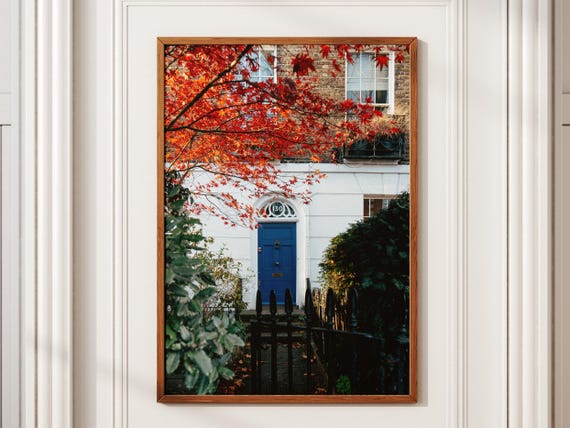 London Townhouse Print Autumn Red Leaves Blue Door Photography
